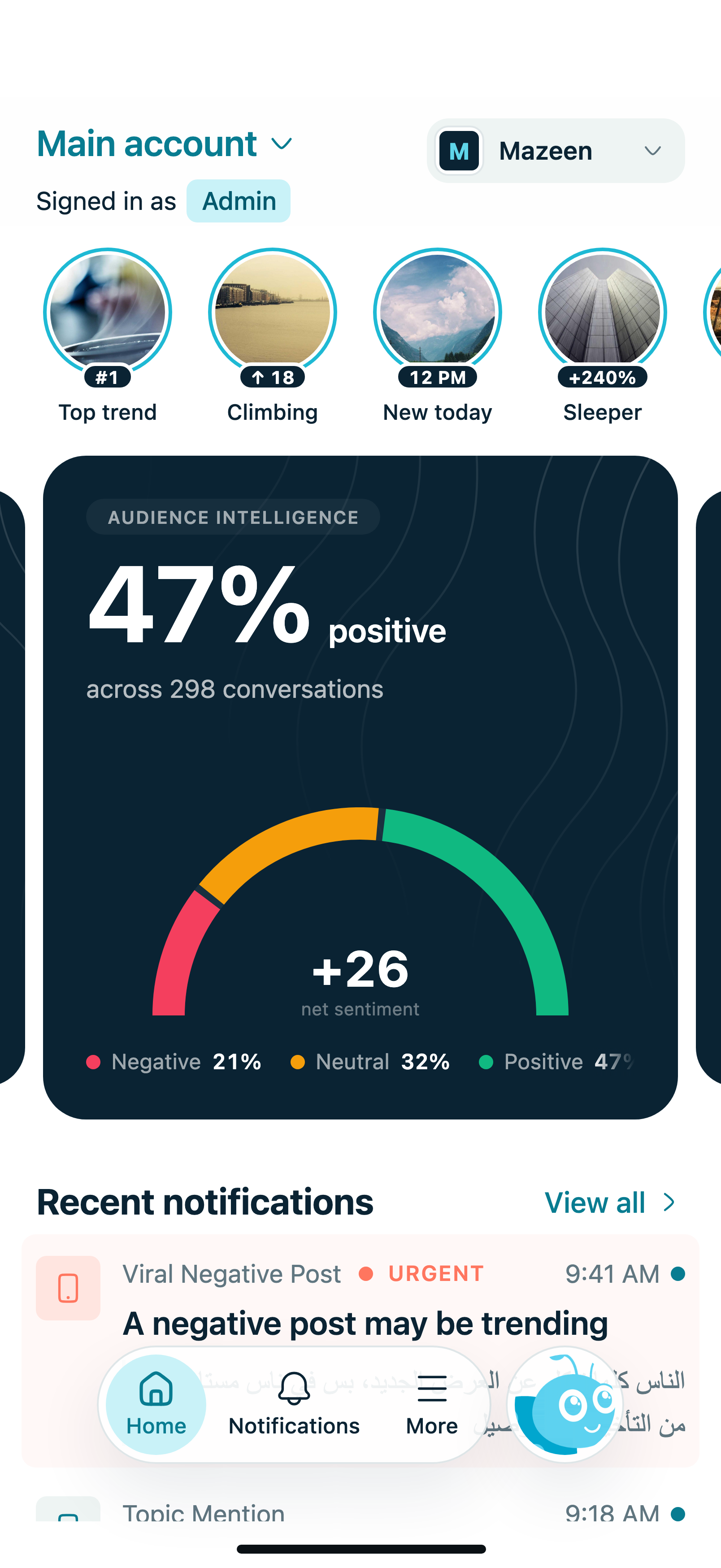 The dima app home screen with net sentiment and daily trending topics